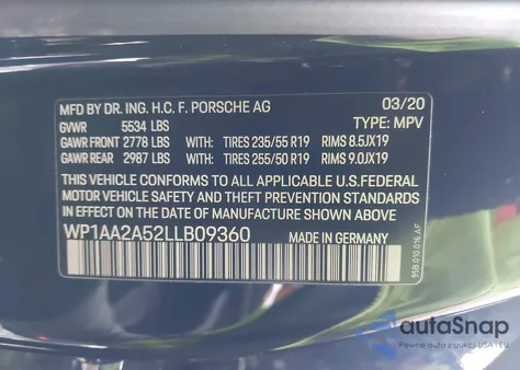 2020 Porsche Macan z USA, uszkodzony, nr VIN WP1AA2A52LLB09360